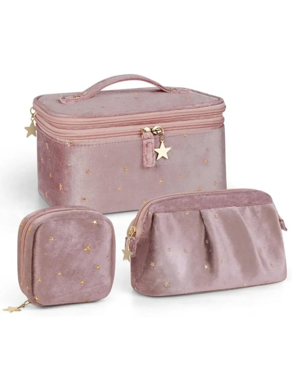 Stylish Double-Layer Makeup Bag Set with Jewelry Storage & Brush Holder - Pink